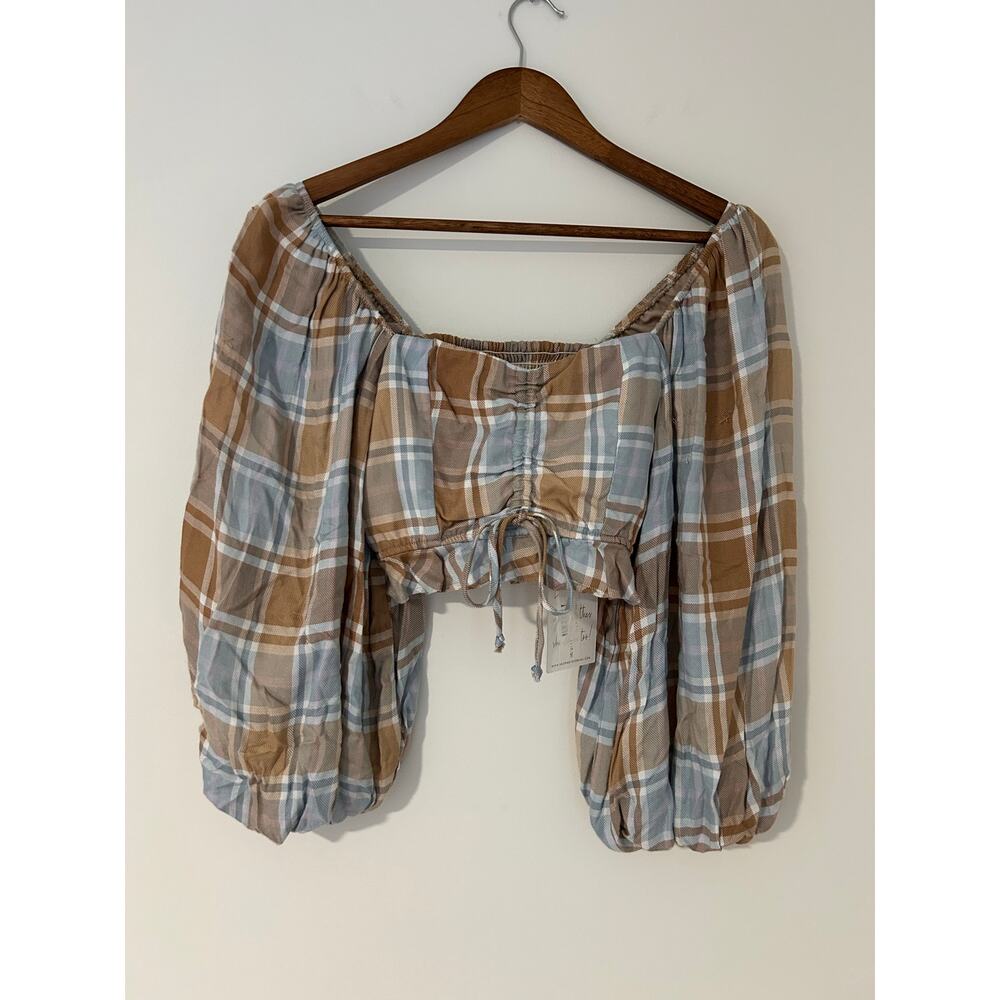 NWT Show Me Your Mumu Jenna Top Square Neck Smocked Tie Front Tan Blue Brown Top